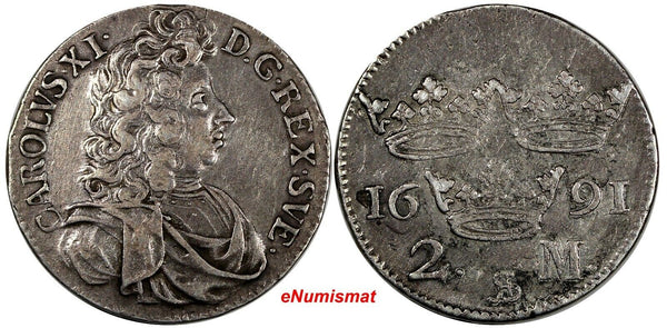 Sweden Carl XI (1660-1697) Silver 1691 2 Mark aXF SCARCE KM# 282.1