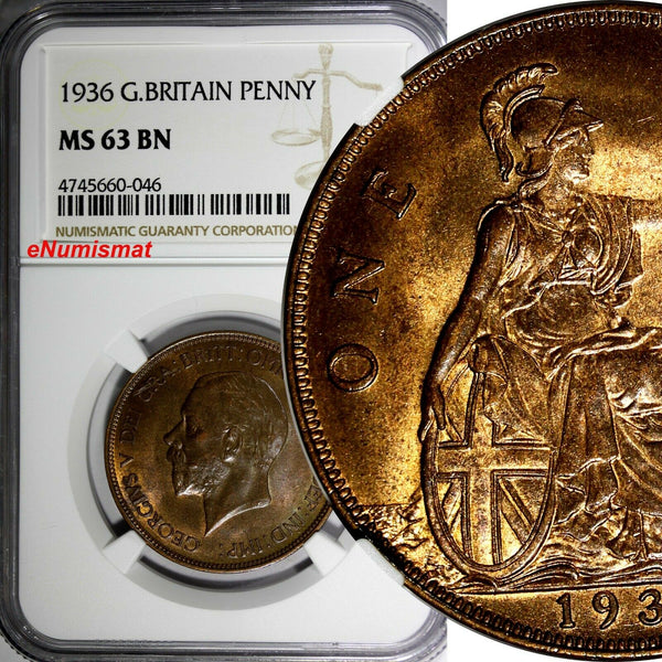 GREAT BRITAIN George V Bronze 1936 1 Penny NGC MS63 BN NICE TONING KM# 838