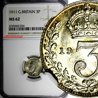 Great Britain George V Silver 1911 3 Pence NGC MS62 1st Year for Type KM# 813
