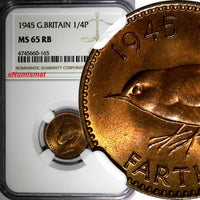 Great Britain George VI Bronze 1945 Farthing NGC MS65 RB RED TONING KM# 843(65)