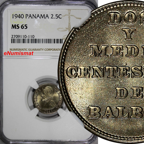Panama Copper-Nickel 1940 2½ Centesimos NGC MS65 Balboa NICE TONING KM# 16