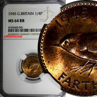 Great Britain George VI Bronze 1945 Farthing NGC MS64 RB RED TONING KM# 843