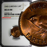 Great Britain George VI Bronze 1945 Farthing NGC MS65 RB RED TONING KM# 843