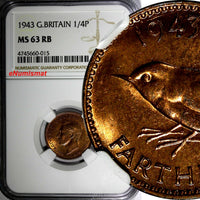 Great Britain George VI Bronze 1943 Farthing NGC MS63 RB WWII Issue KM# 843