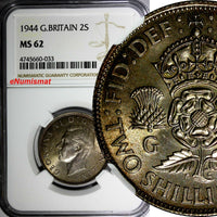 Great Britain George VI Silver 1944 Florin 2 Shillings NGC MS62 NICE TONED KM855