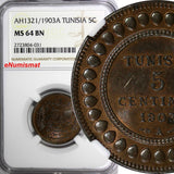 TUNISIA Muhammad al-Hadi Bey AH1321/1903A 5 Centimes NGC MS64 BN TOP GRADE KM228