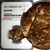 Great Britain George V Bronze 1911 1/2 Penny NGC MS63 RB 1st Date Type KM# 809