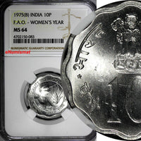India-Republic 1975(B) 10 Paise NGC MS64 F.A.O. - Women's Year TOP GRADED KM# 29