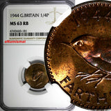 Great Britain George VI Bronze 1944 Farthing NGC MS63 RB RED TONING KM# 843 (81)