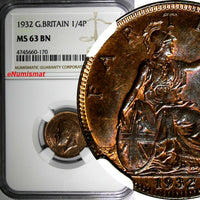 Great Britain George V (1910-1936) Bronze 1932 Farthing NGC MS63 BN KM# 825