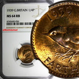 Great Britain George VI  Bronze 1939 Farthing NGC MS64 RB NICE TONING KM# 843(6)