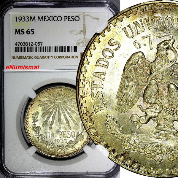 Mexico ESTADOS UNIDOS MEXICANOS Silver 1933 M Peso NGC MS65 BU KM# 455