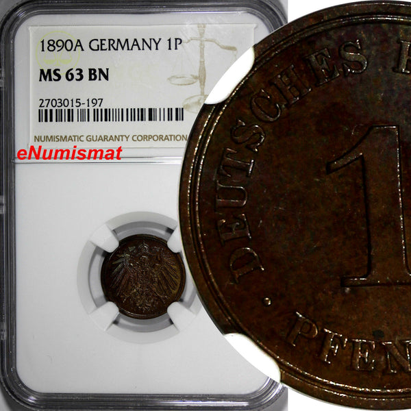Germany-Empire Wilhelm II Copper 1890-A 1 Pfennig NGC MS63 BN TOP GRADED KM#10
