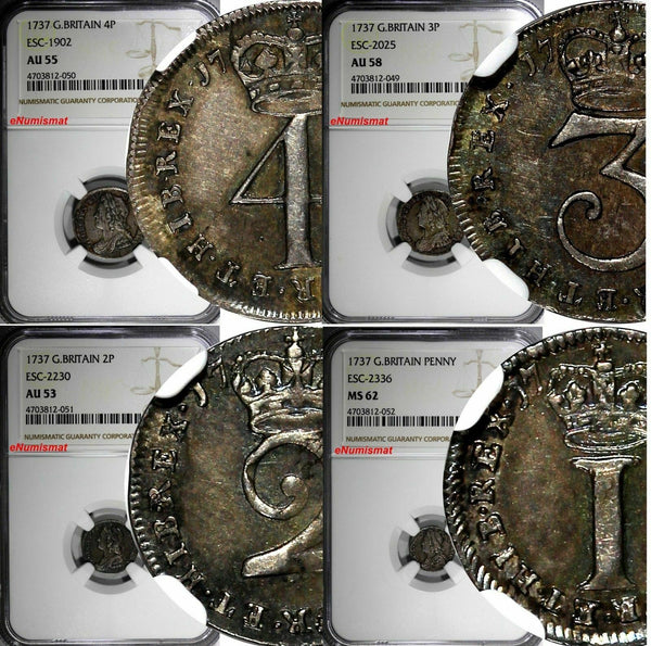GREAT BRITAIN George II Silver 1737 Maundy Set (4 Coin) NGC MS62,AU58 TOP GRADED