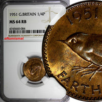 Great Britain George VI Bronze 1951 1 Farthing NGC MS64 RB KM# 867 (84)