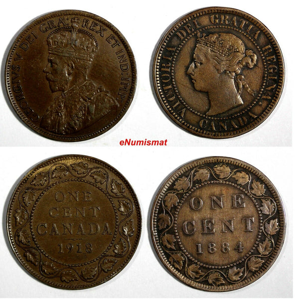 CANADA LOT OF 2 COINS Victoria 1884 1 Cent KM# 7;George V 1918 1 Cent KM# 21