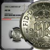 GREAT BRITAIN George VI Silver 1941 6 Pence NGC AU58  KM# 852