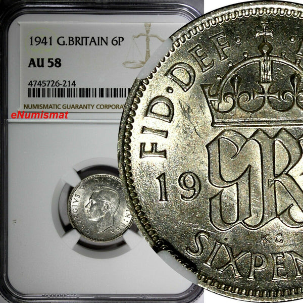GREAT BRITAIN George VI Silver 1941 6 Pence NGC AU58  KM# 852