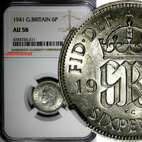 GREAT BRITAIN George VI Silver 1941 6 Pence NGC AU58  KM# 852