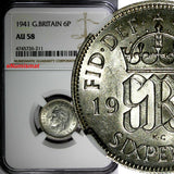 GREAT BRITAIN George VI Silver 1941 6 Pence NGC AU58  KM# 852