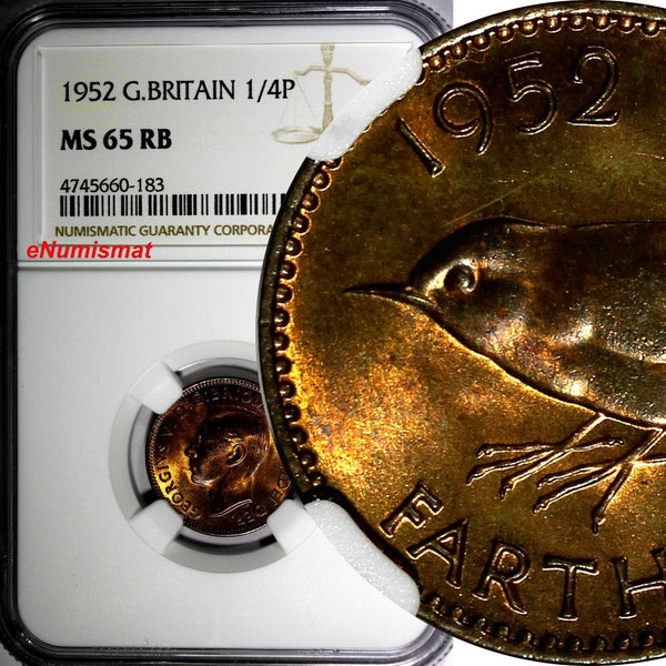 Great Britain George VI Bronze 1952 Farthing NGC MS65 RB KM# 867 (183)