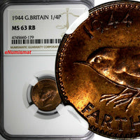 Great Britain George VI Bronze 1944 Farthing NGC MS63 RB RED TONING KM# 843 (79)