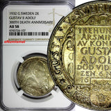 SWEDEN Silver 1932-G 2 Kronor NGC AU58 1 YEAR Death of Gustaf II Adolf KM# 805