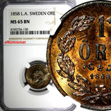 SWEDEN Oscar I Bronze 1858 1 Ore NGC MS65 BN VARIETY "L.A." TOP GRADED  KM# 687