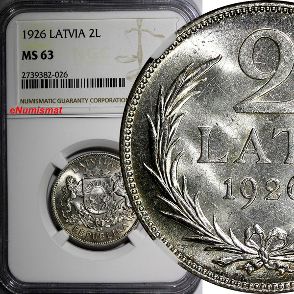 Latvia Silver 1926 2 Lati NGC MS63 2 YEARS TYPE KM# 8