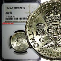 GREAT BRITAIN George VI Silver 1945 Florin /2 Shilling NGC MS63 WWII Issue KM855