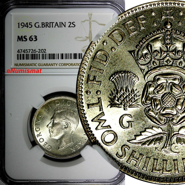 GREAT BRITAIN George VI Silver 1945 Florin /2 Shilling NGC MS63 WWII Issue KM855