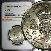 GREAT BRITAIN George VI Silver 1942 Florin /2 Shilling NGC MS62 WWII Issue KM855
