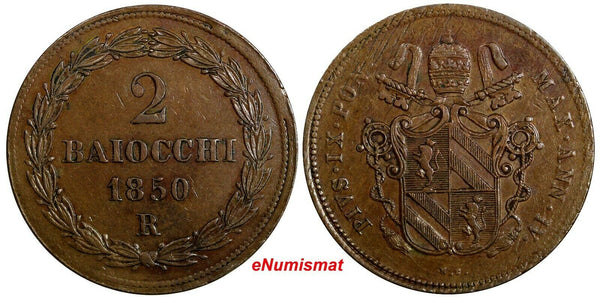 Italian States PAPAL STATES Pius IX Copper 1850 R 2 Baiocchi chXF 35 mm KM# 1344