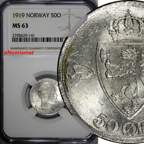 Norway Haakon VII Silver 1919 50 Øre NGC MS63 LAST YEAR TYPE HIGH GRADED KM# 374