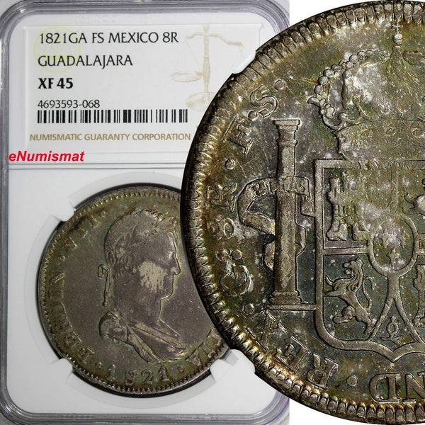 Mexico GUADALAJARA Ferdinand VII 1821 GA FS 8 Reales NGC XF45 Toned KM# 111.3