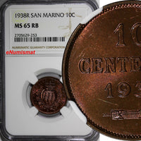 San Marino Bronze 1938-R 10 Centesimi NGC MS65 RB Mintage-400,000 KM# 13