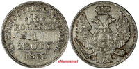 POLAND RUSSIA Nicholas I Silver 1837 MW 1 Zloty 15 Kopecks  XF Details C# 129