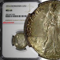 Romania Carol I Silver 1914 Leu NGC MS64 Nice Toned Hamburg Mint KM# 42