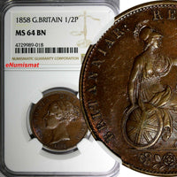 Great Britain Victoria Copper 1858 1/2 Penny NGC MS64 BN 1 GRADED HIGHEST KM#726