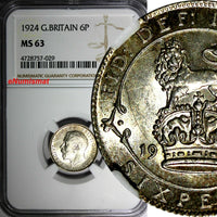 GREAT BRITAIN George V Silver 1924 6 Pence NGC MS63 LIGHT TONING KM# 815a.1