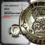 GREAT BRITAIN George V Silver 1924 6 Pence NGC MS63 LIGHT TONING KM# 815a.1