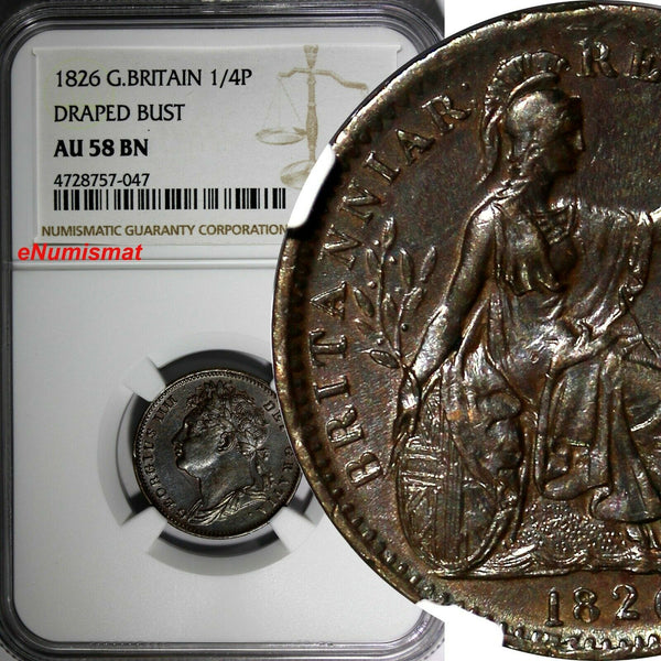 Great Britain George IV Copper 1826 Farthing NGC AU58 BN BETTER DATE KM# 677