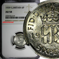 GREAT BRITAIN George VI Silver 1939 6 Pence NGC AU58  KM# 852