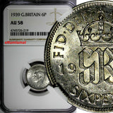 GREAT BRITAIN George VI Silver 1939 6 Pence NGC AU58  KM# 852