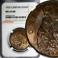 GREAT BRITAIN George V Bronze 1935 1 Penny NGC MS63 RB NICE TONING KM# 838