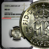 GREAT BRITAIN George VI Silver 1939 6 Pence NGC MS61  KM# 852