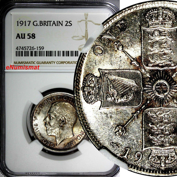 GREAT BRITAIN George V (1910-1936) Silver 1917 1 FLORIN NGC AU58 WWI KM# 817