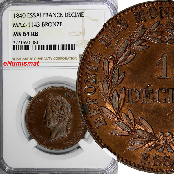 France Louis Philippe Bronze Essai 1840 Decime NGC MS64 RB Prooflike MAZ-1143