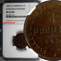 GERMANY SCHLESWIG-HOLSTEIN 1850 TA 1 DREILING PROVIS. GOVT NGC MS62 BN  KM# 160