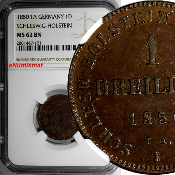 GERMANY SCHLESWIG-HOLSTEIN 1850 TA 1 DREILING PROVIS. GOVT NGC MS62 BN  KM# 160
